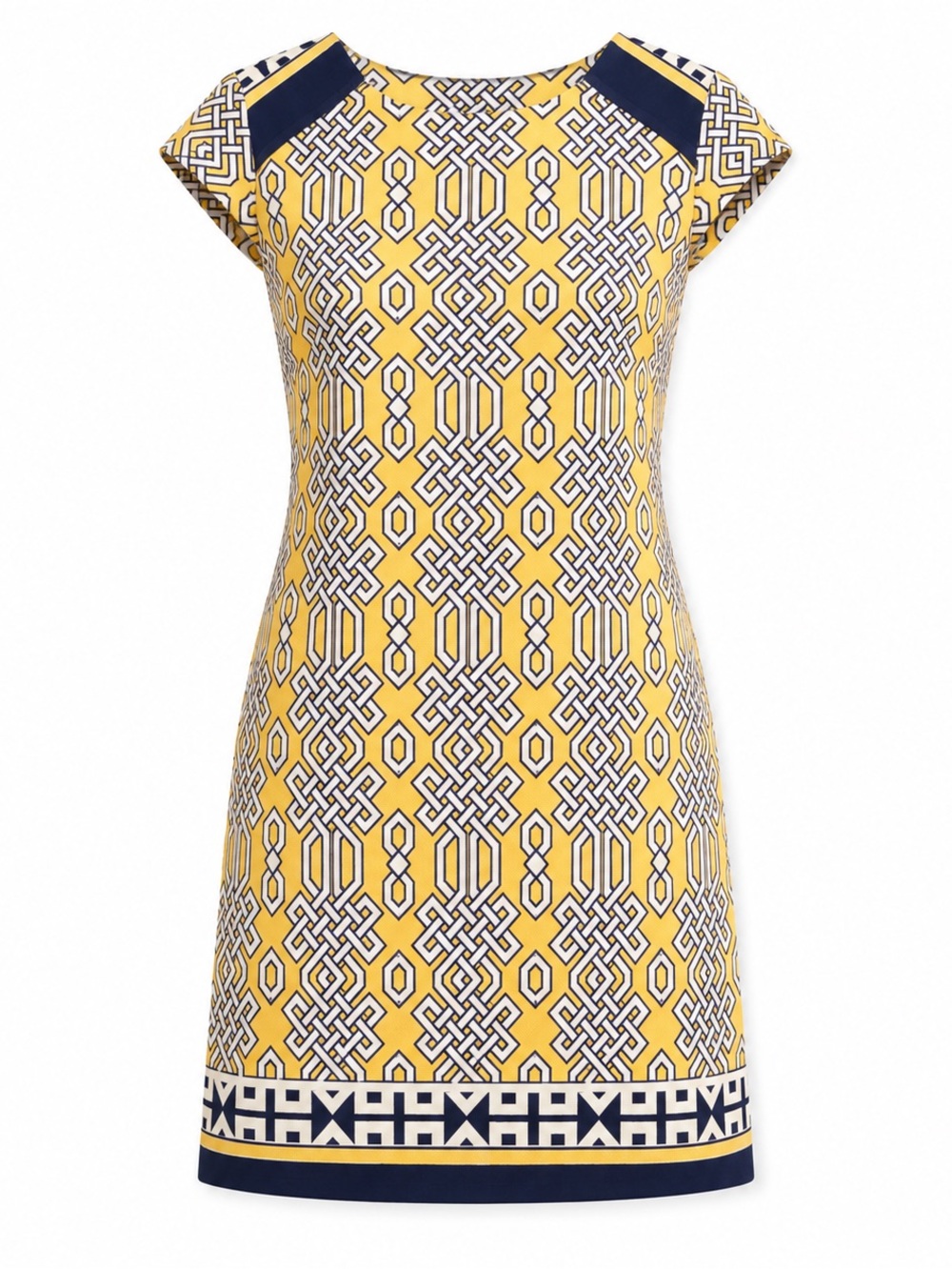 Madison Leigh Yellow Navy Geometric Shift Dress Size 14 zip shoulder